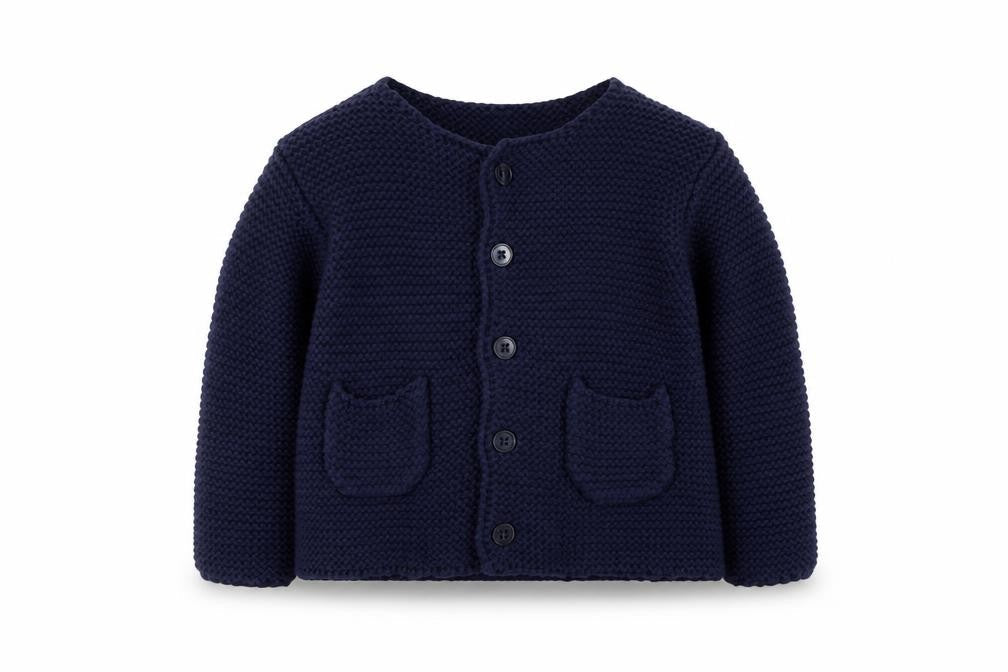 Front view of Jasper Conran Junior girls’ blue knit cardigan, 3-6 months
