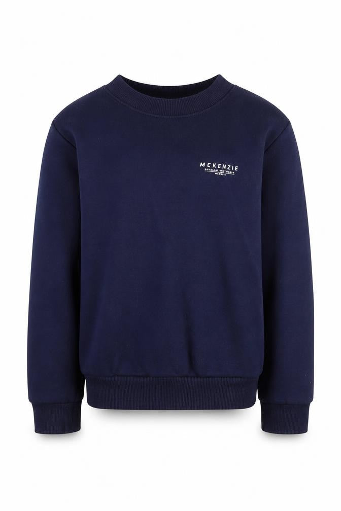 Front view of McKenzie boys’ blue crew neck pullover sweatshirt 8-10 years