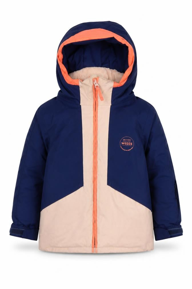 Front view of Wedze girls’ blue beige ski jacket 3-4 years hooded winter