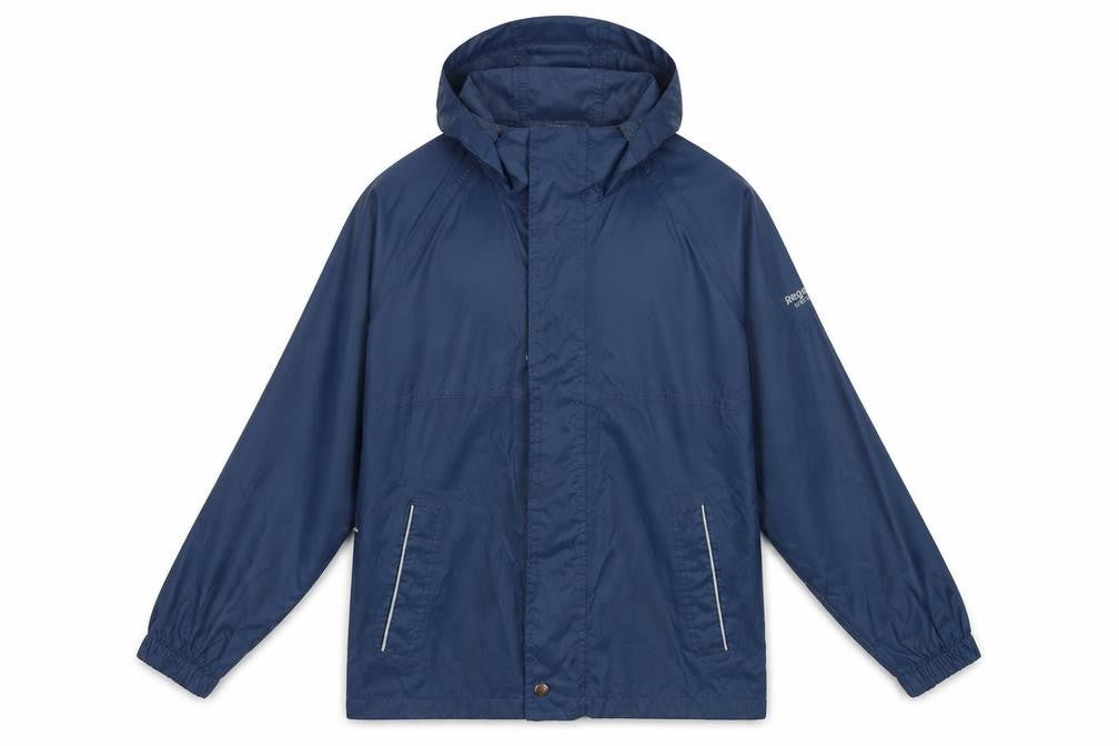 Front view of Regatta boys’ blue waterproof rain jacket, size 12