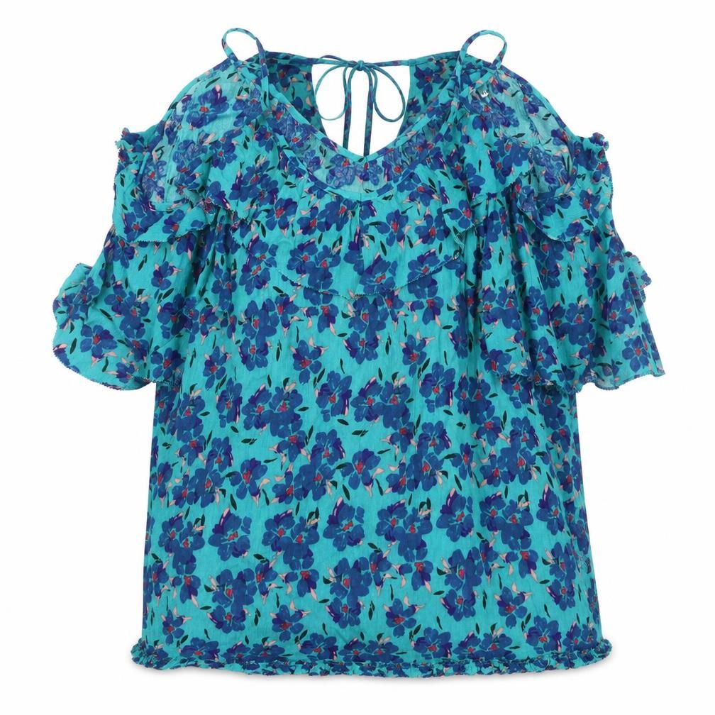 Front view of AND/OR Women's Blue Floral Cold Shoulder Blouse, size 10