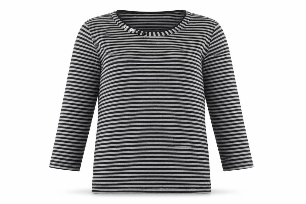 Front view of Fabrizio Women's Black Striped Crew Neck T-Shirt
