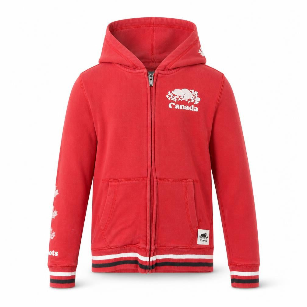 Front view of Roots boys’ red full zip hoodie 7-8 years hooded canada logo