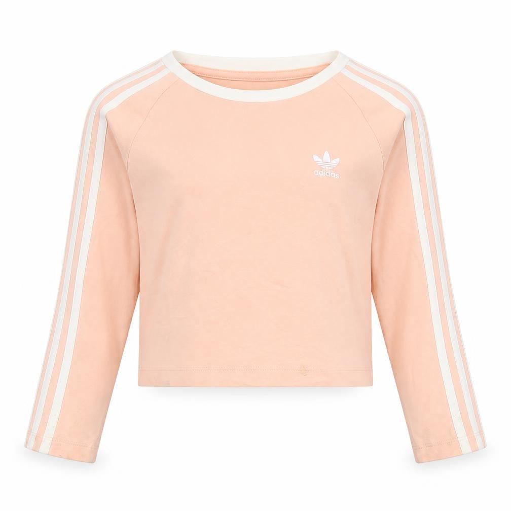 Front view of Adidas girls’ pink cropped t-shirt, long sleeve, size 7-8