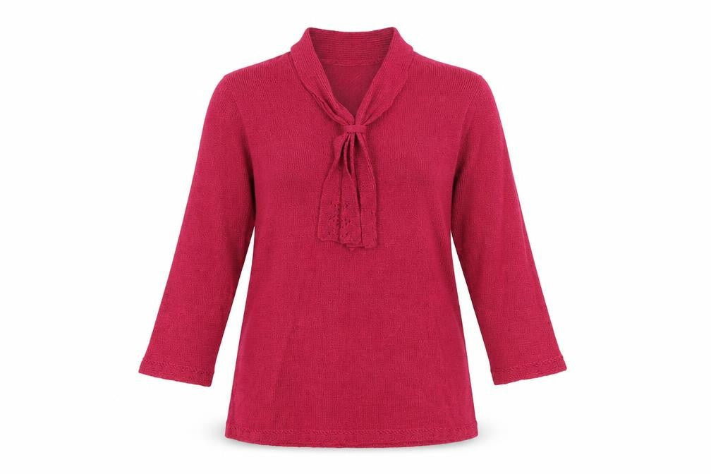 Front view of Honor Millburn Red 3/4 Sleeve Bow Neck Blouse, size 10