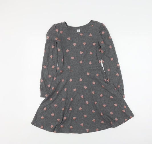 GAP Girls Grey Heart Print Skater Dress L Long Sleeve
