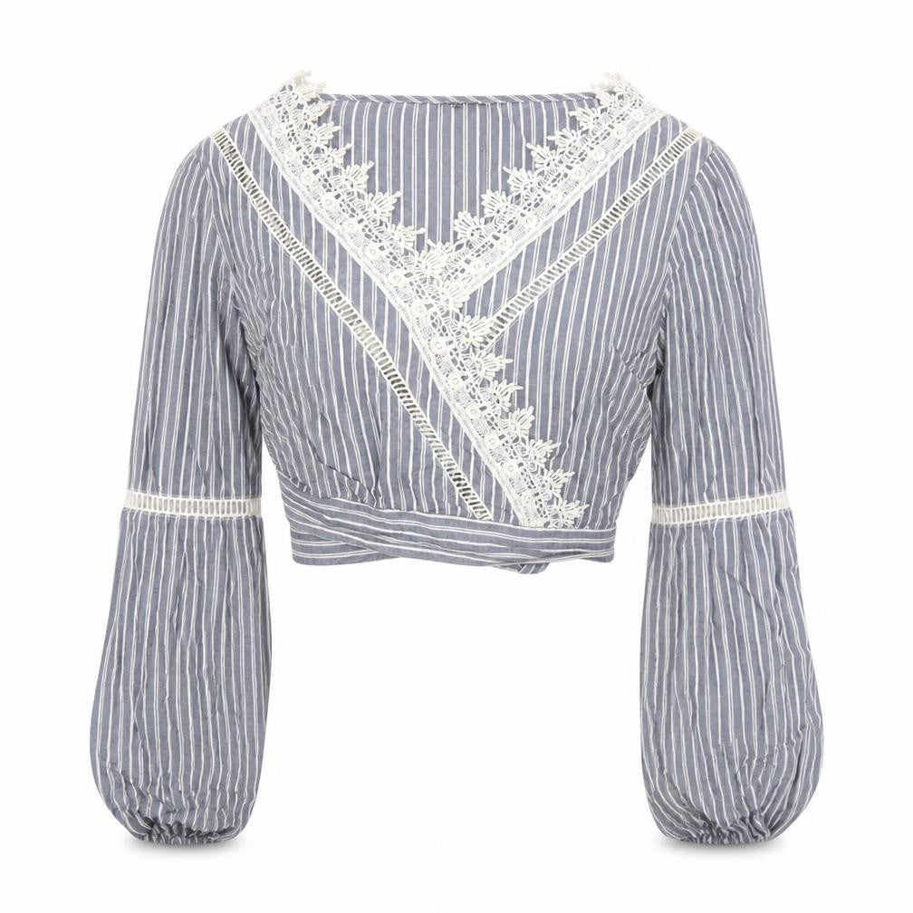 Front view of Miss Selfridge Blue Striped Cropped Blouse, UK 6