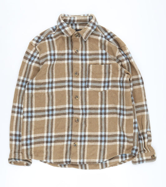 Pull&Bear Women's Brown Plaid Button-Up Shirt L