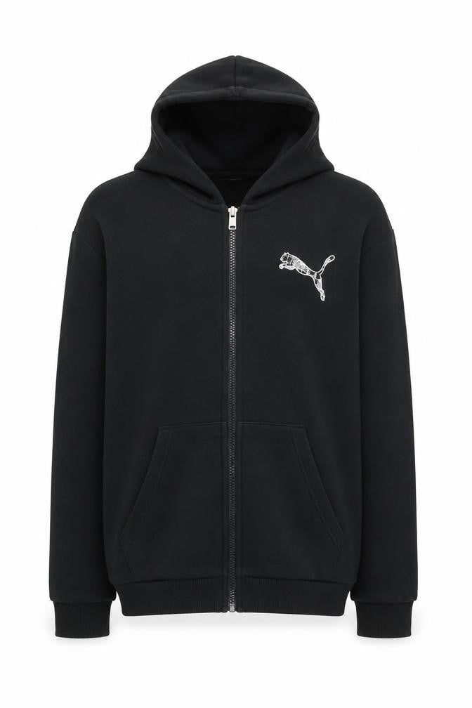 Front view of Puma boys’' black full zip hoodie 13-14 years jersey casual