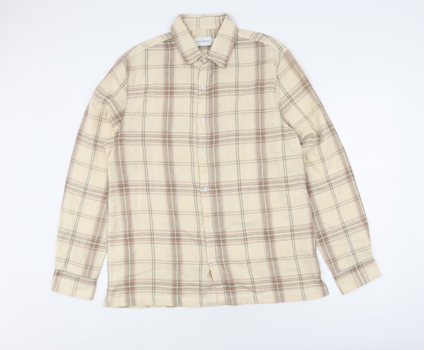 Topman Men's Beige Checked Button-Up Shirt M