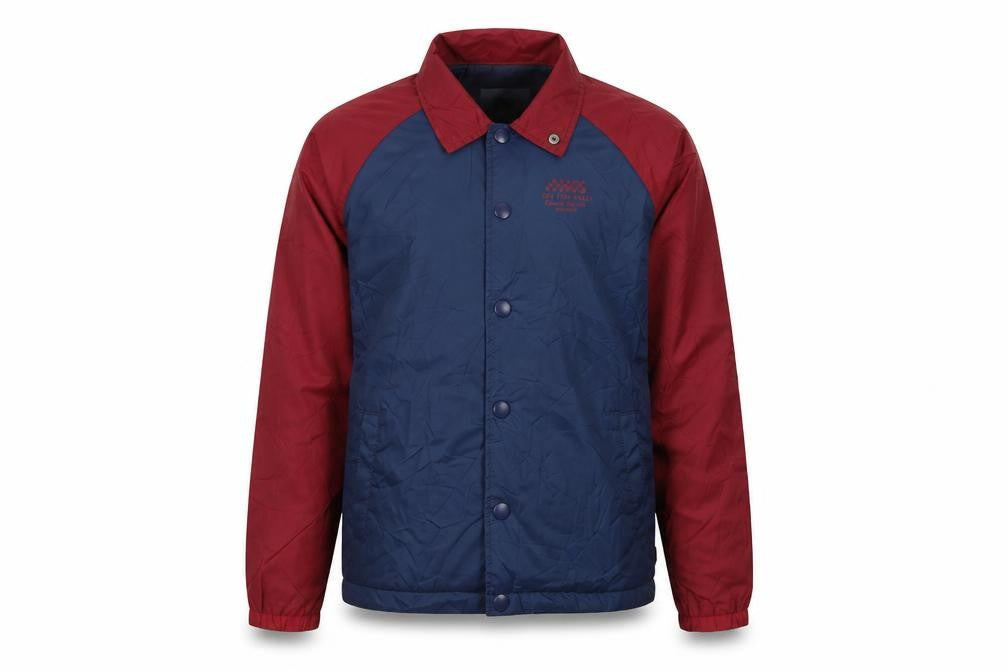 Front view of Vans boys’ red blue colourblock jacket small nylon