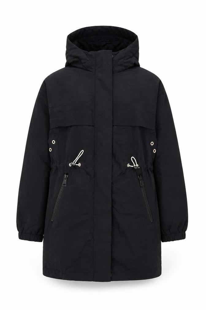 Front view of Zara girls’ black parka coat, 8y, hooded, casual mid-length