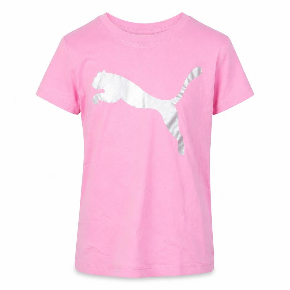 Front view of PUMA girls’ pink t-shirt, 7-8 years, short sleeve, activewear