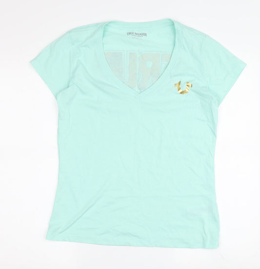 True Religion Women's Green V-Neck T-Shirt Medium