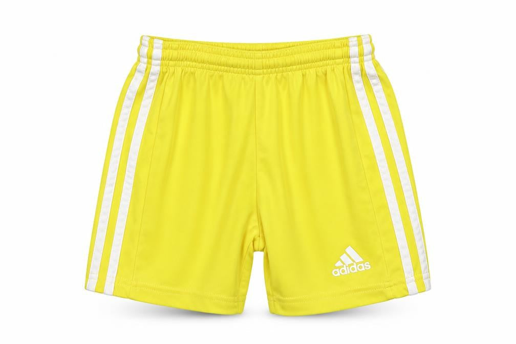 Front view of Adidas boys’ yellow athletic shorts 5-6 years breathable