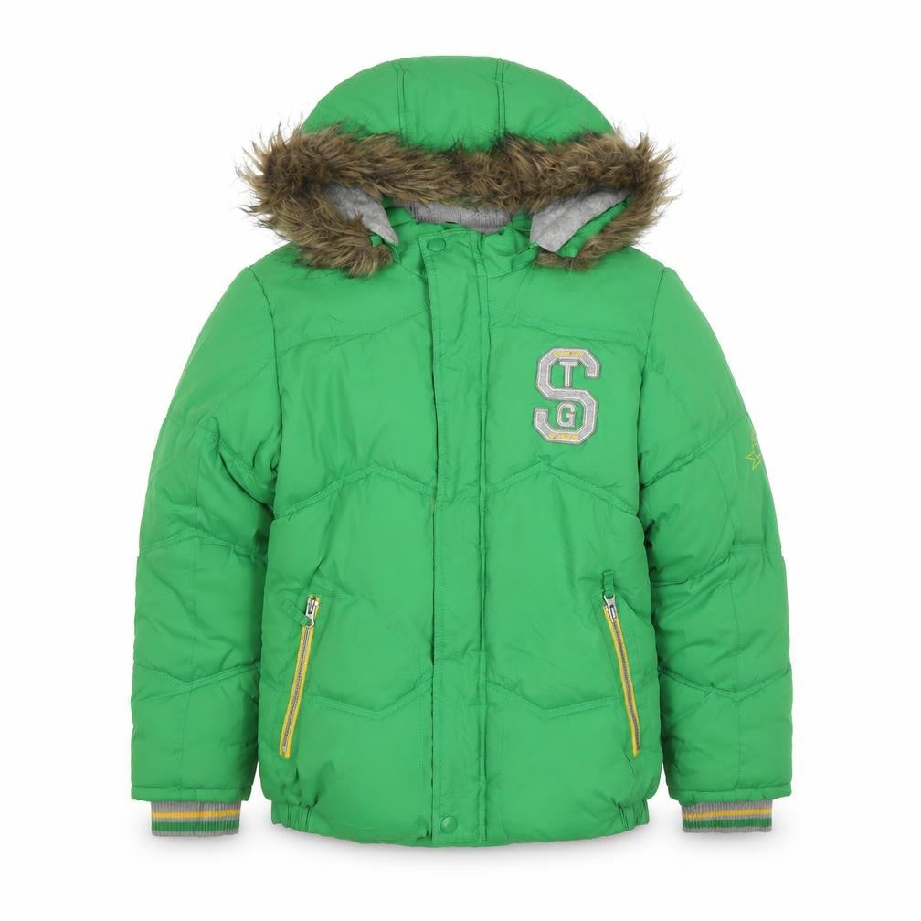 Front view of St George boys’ green puffer jacket 11-12y, hooded, winter warmth