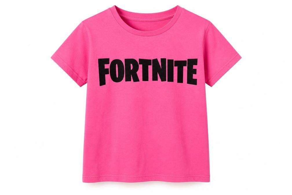 Front view of Fortnite girls’ pink t-shirt 7-8 years