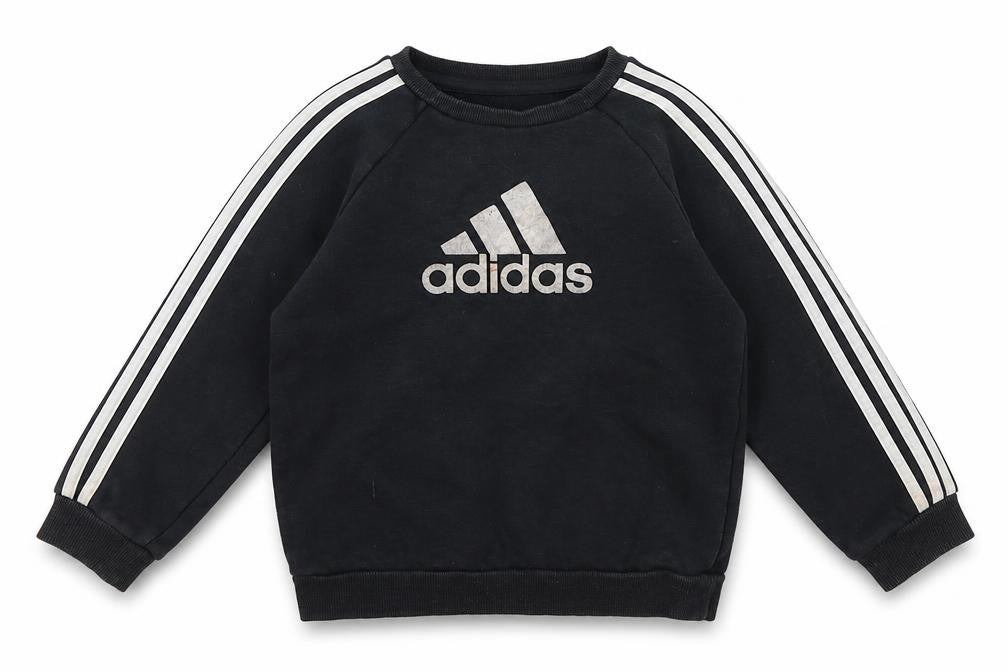 Front view of Adidas boys’ black sweatshirt, size 3-4, years, logo design