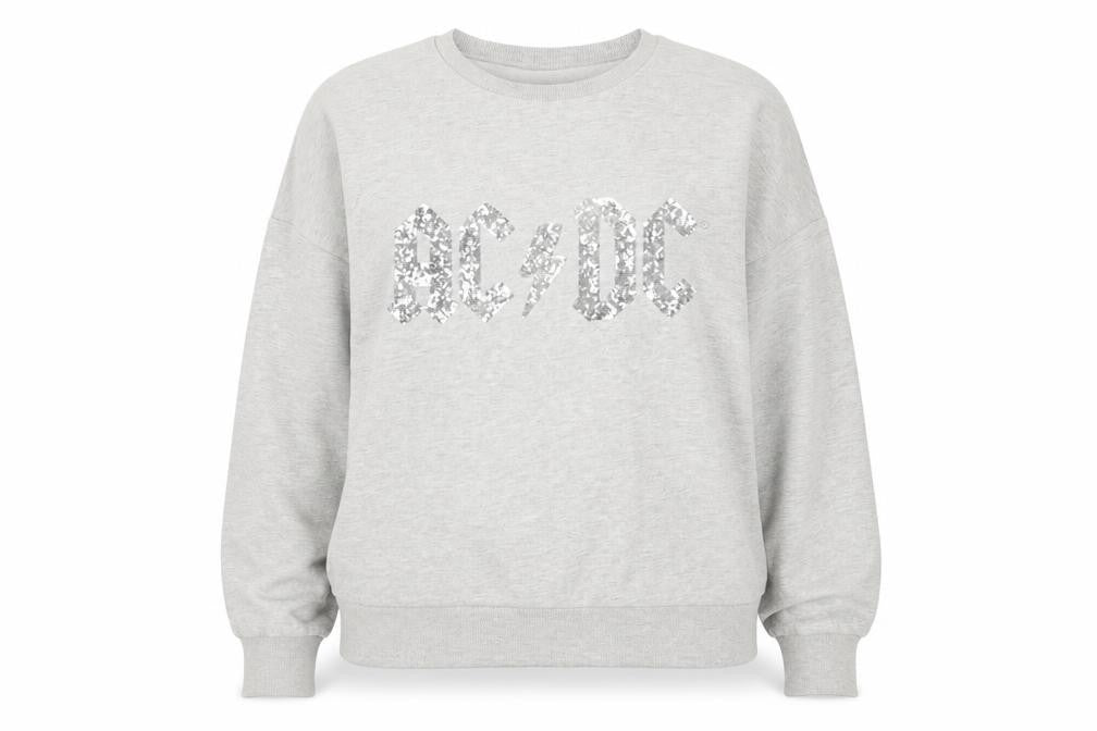 Front view of AC/DC Women's Grey Sequin Logo Sweatshirt, size 14