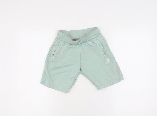Adidas Boys Green Sweat Shorts, Size 9-10, Drawstring Pockets