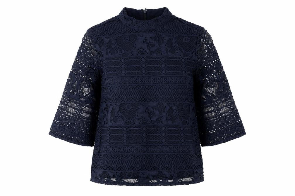 Warehouse Women's Black Lace Top UK 8 with High Neck