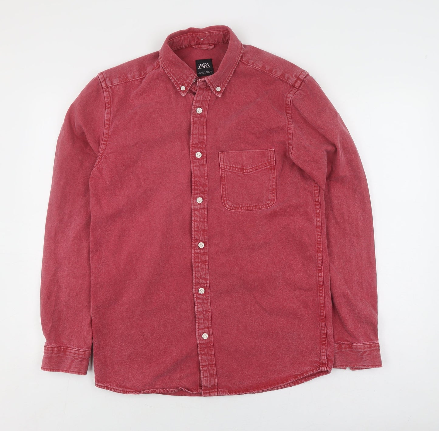 Zara Men's Red Cotton Button-Up Shirt, Size S