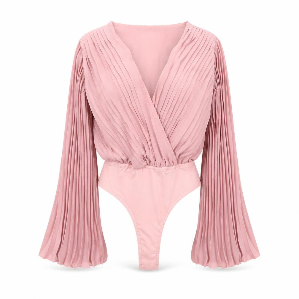 Front view of In The Style Women's Pink Pleated Bodysuit