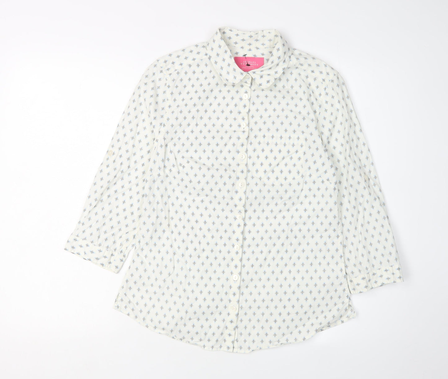 Charles Tyrwhitt Women's White Geometric Button-Up, Size 8