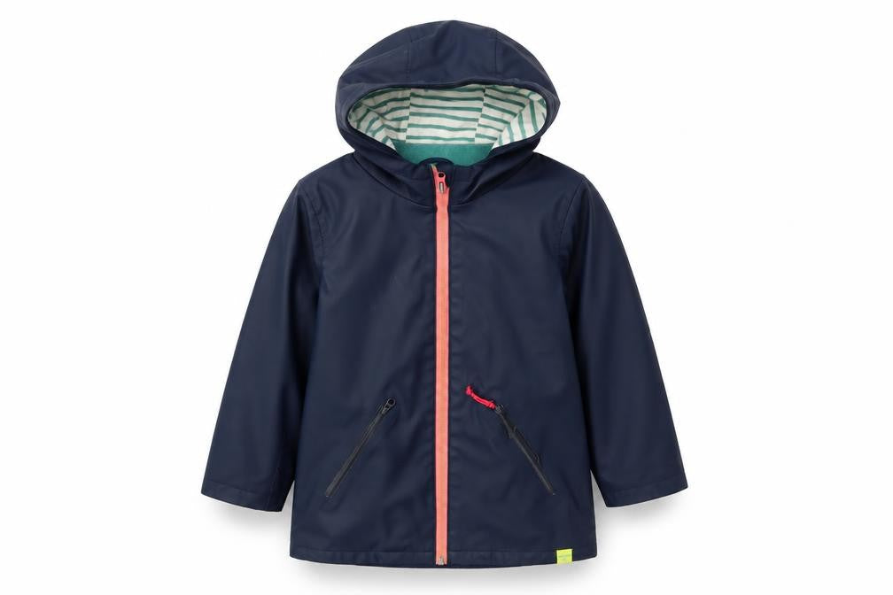 Front view of White Stuff girls’ blue rain coat 3-4 years waterproof hooded