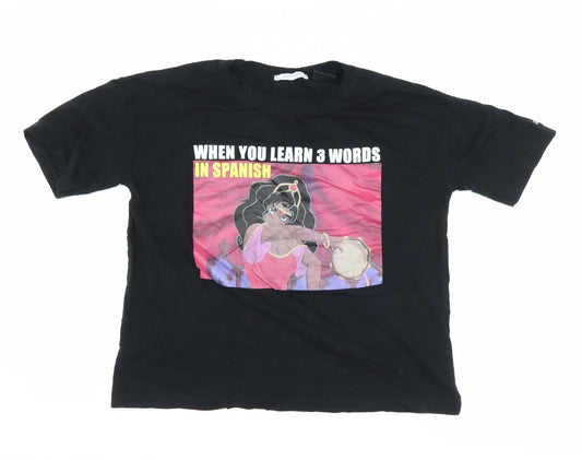 Zara Women's Black Graphic Tee M - Humour Cartoon Style