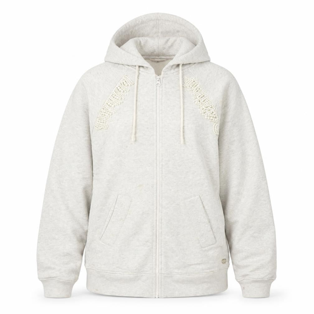 Twinset Women's Ivory Full Zip Hoodie, Size S, Crochet Detail
