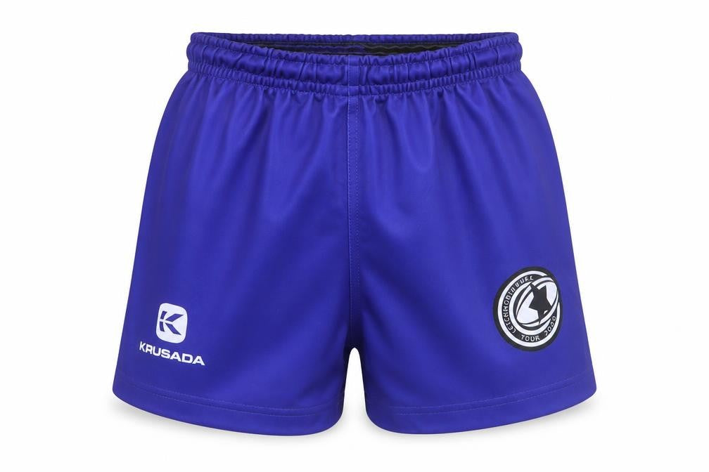 Front view of Krusada boys’ blue athletic shorts, size S, for gym & training