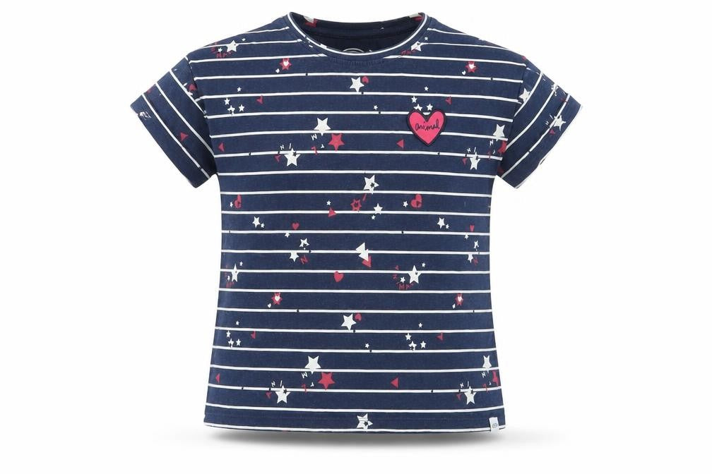 Front view of Animal girls’ blue striped logo t-shirt, 7-8 years