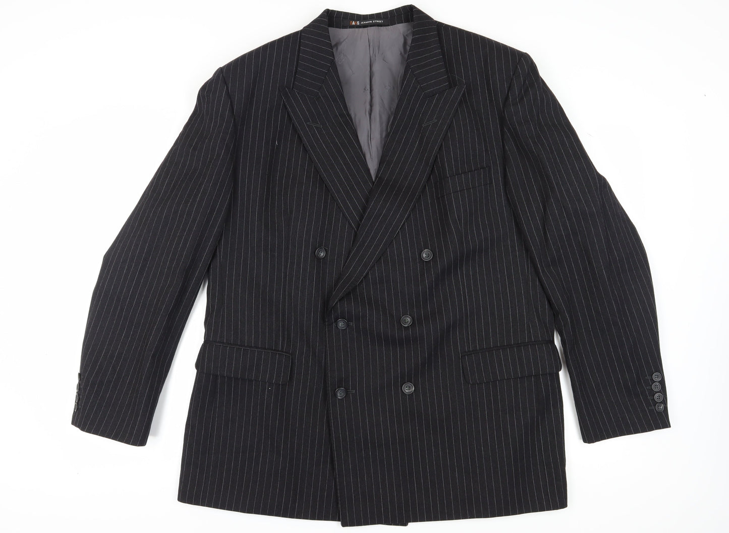 DAKS Men's Black Pinstripe Double-Breasted Suit Jacket 46R