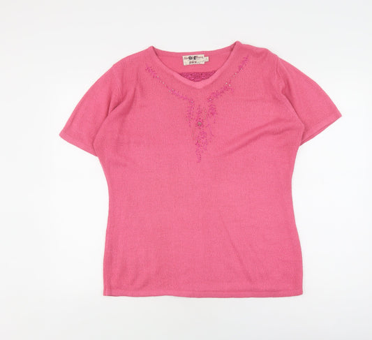 EWM Pink V-Neck Knit T-Shirt for Women, Size M