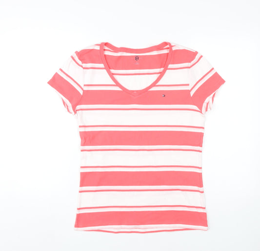 Tommy Hilfiger Women's Red Striped V-Neck T-Shirt M