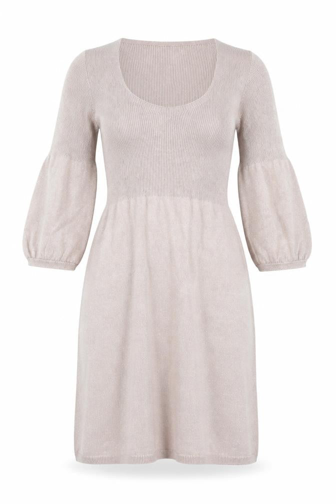 Front view of Next Beige A-Line Midi Dress, UK 8, 3/4 Balloon Sleeve