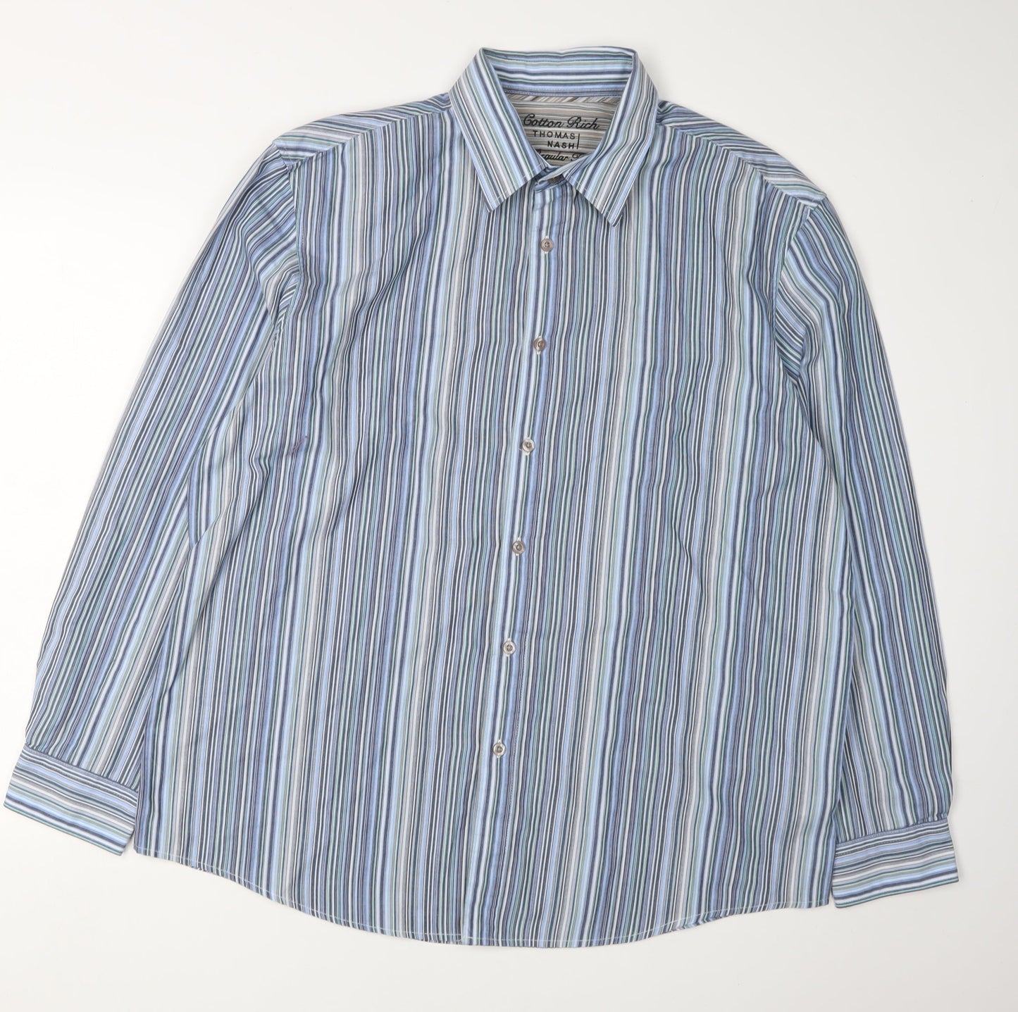 Thomas Nash Men's Blue Striped Button-Up Shirt Large