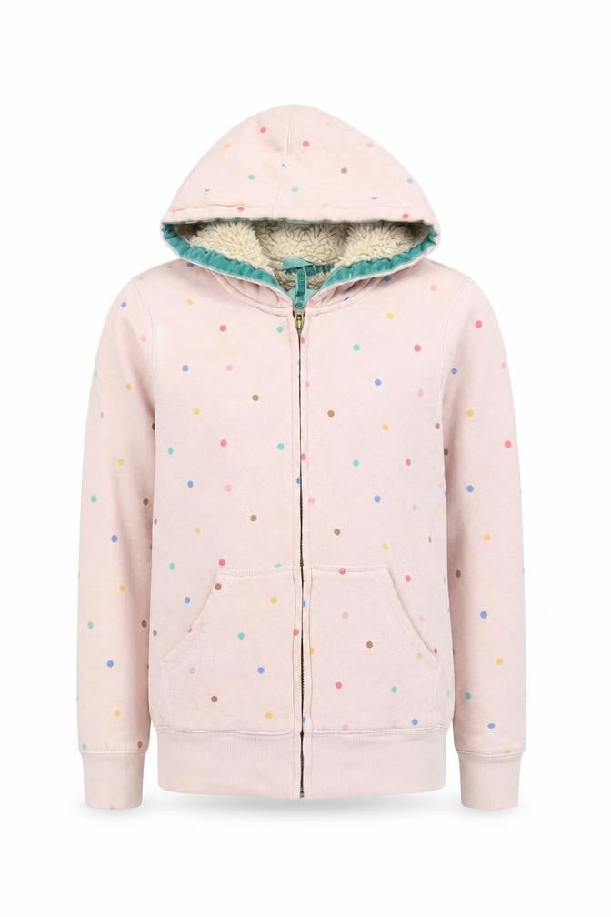 Front view of Boden girls’ pink polka dot full zip hoodie 11-12 years