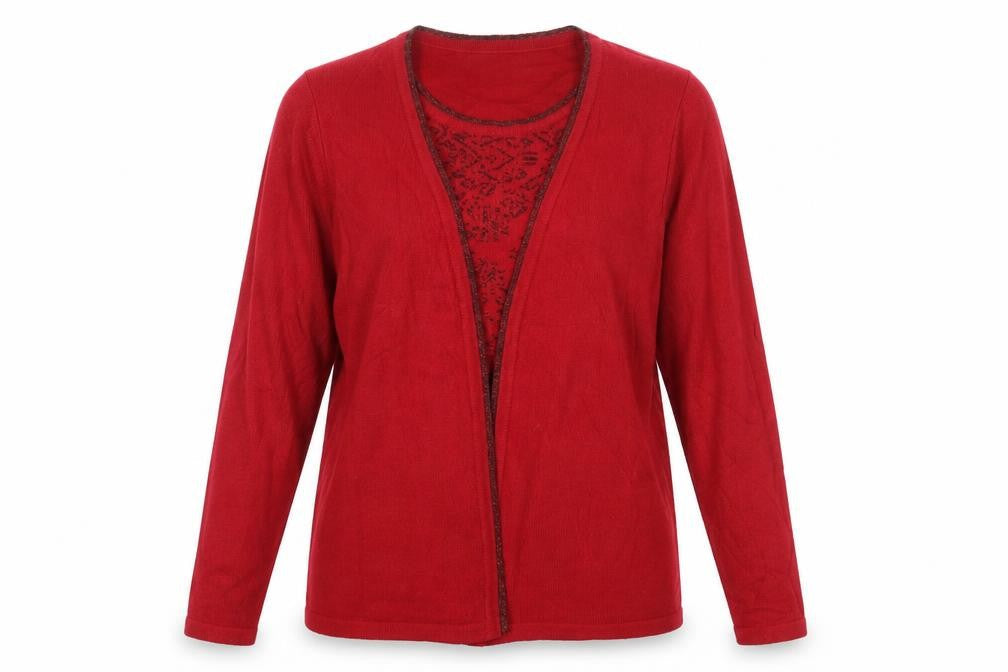 Front view of Honor Millburn Women's Red Open Cardigan M