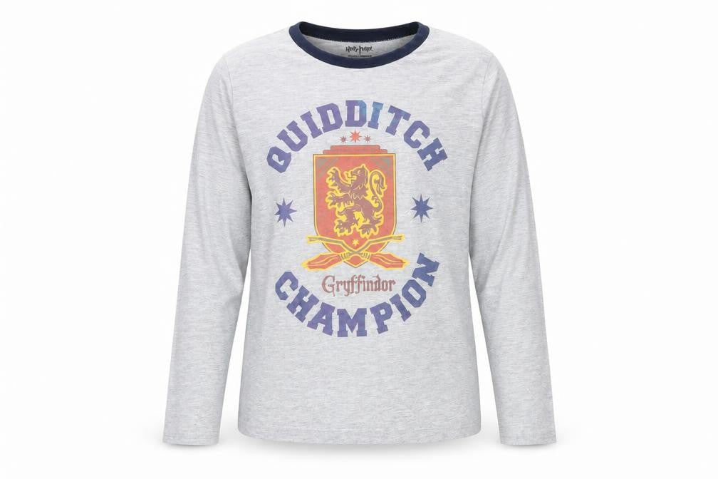 Front view of Harry Potter girls’ grey gryffindor graphic long sleeve t-shirt