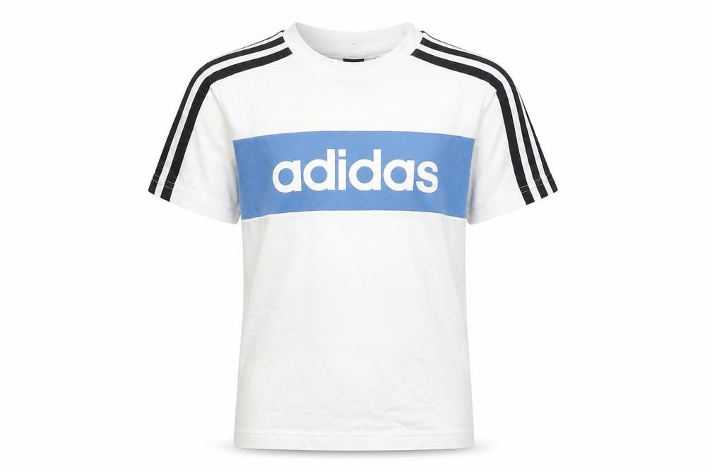 Front view of Adidas boys’ white graphic t-shirt, size 5-6, years