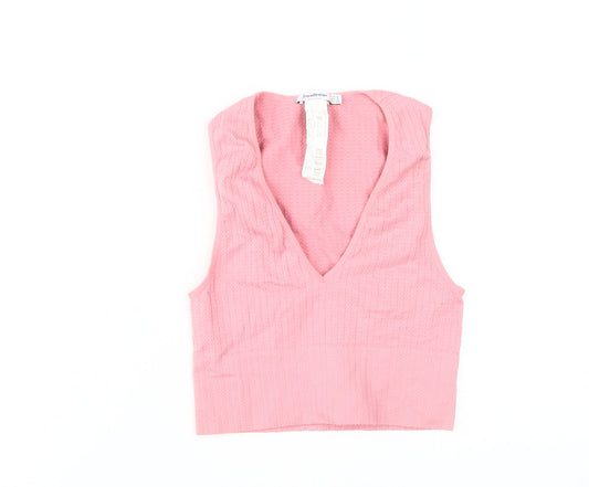 Stradivarius Women's Pink Cropped V-Neck Tank Top - Size S
