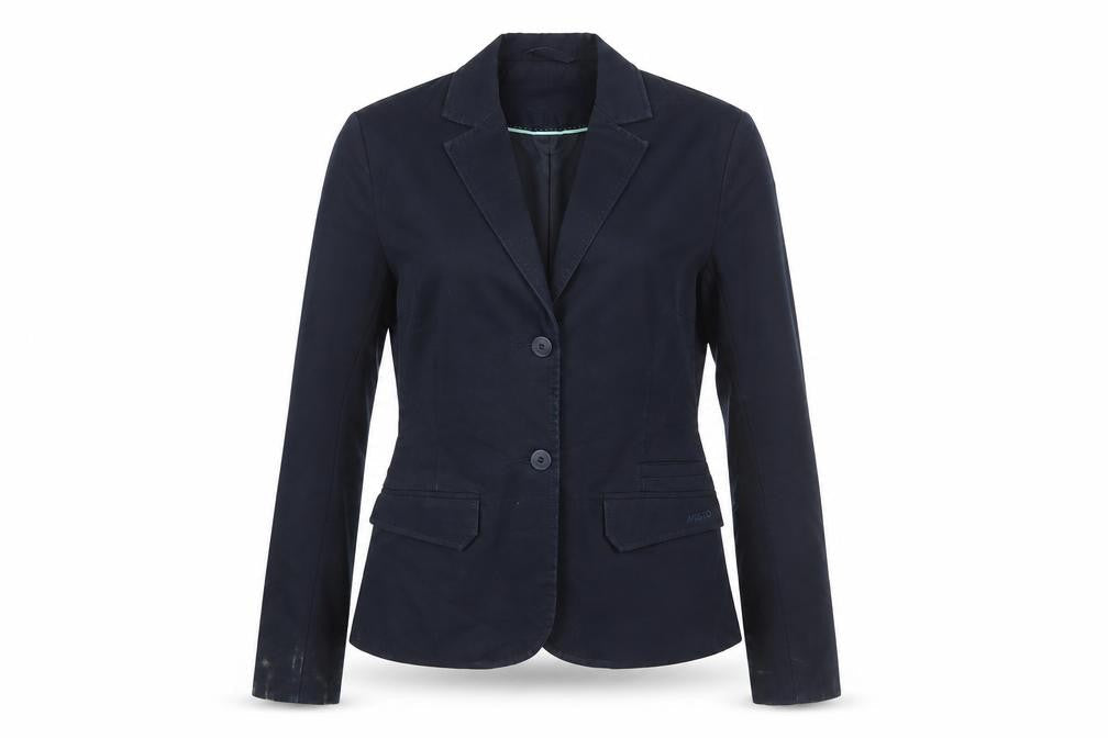 Front view of Musto Women's Blue Blazer, size 8, Lined Cotton