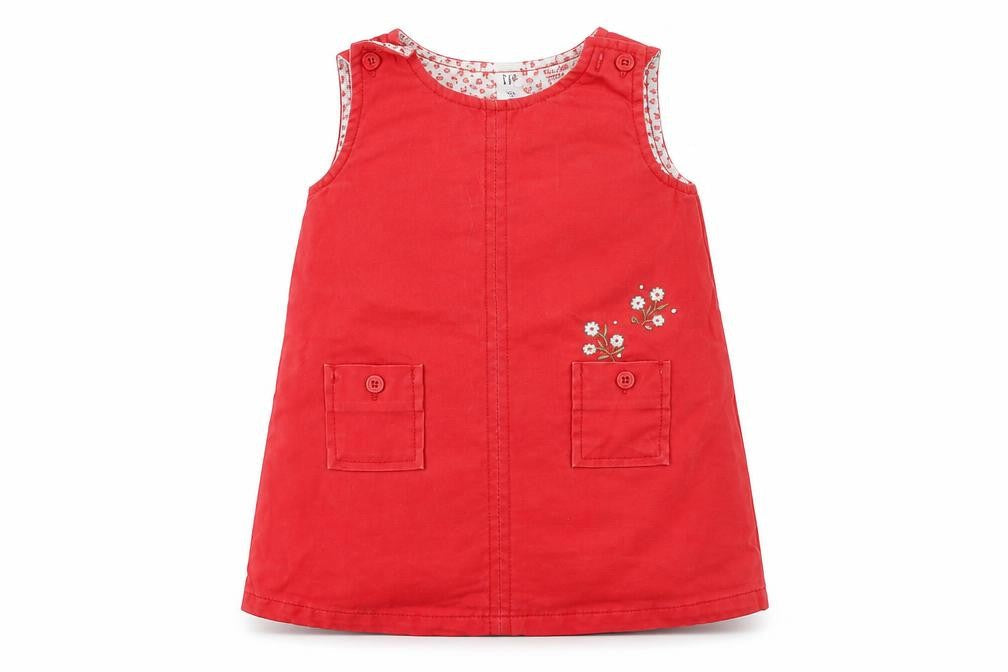 Front view of Gap girls’ red pinafore dress 9-12 months casual cotton