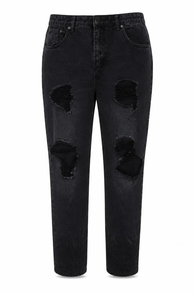 PrettyLittleThing Women's Black Distressed Straight Jeans Size 16