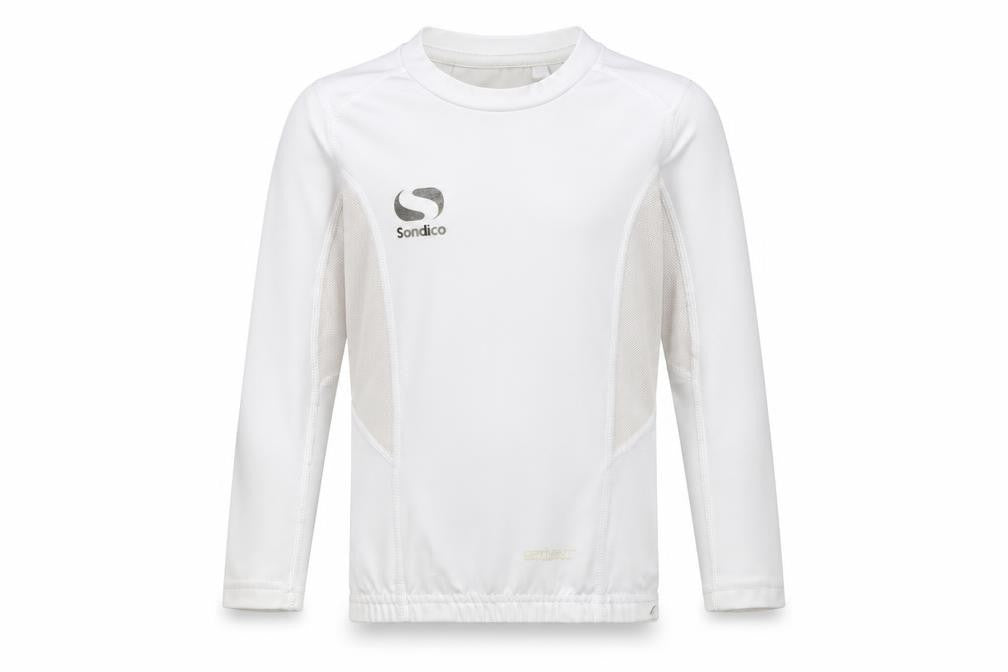 Front view of Sondico boys’ white football jersey, 3-4 years, long sleeve