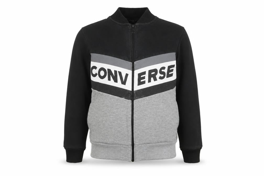 Front view of Converse boys’' black grey full zip hoodie, size L, logo sportswear