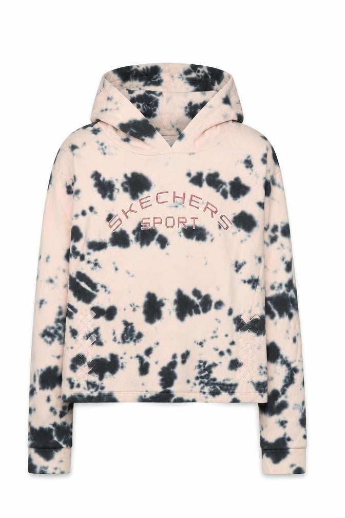 Front view of Skechers girls’ pink tie-dye hoodie, 12-13 years, logo accents