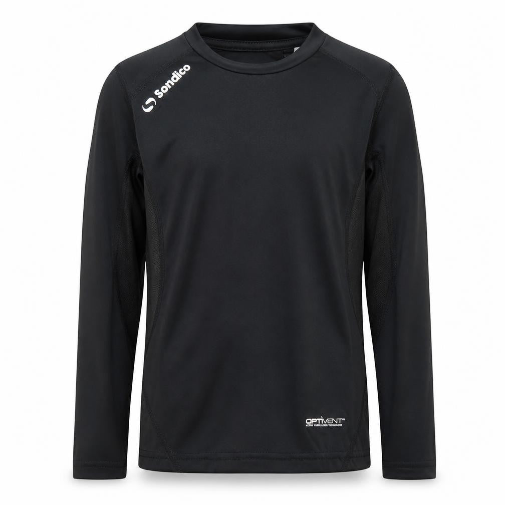 Front view of Sondico girls’ black long sleeve sports jersey 5-6 years